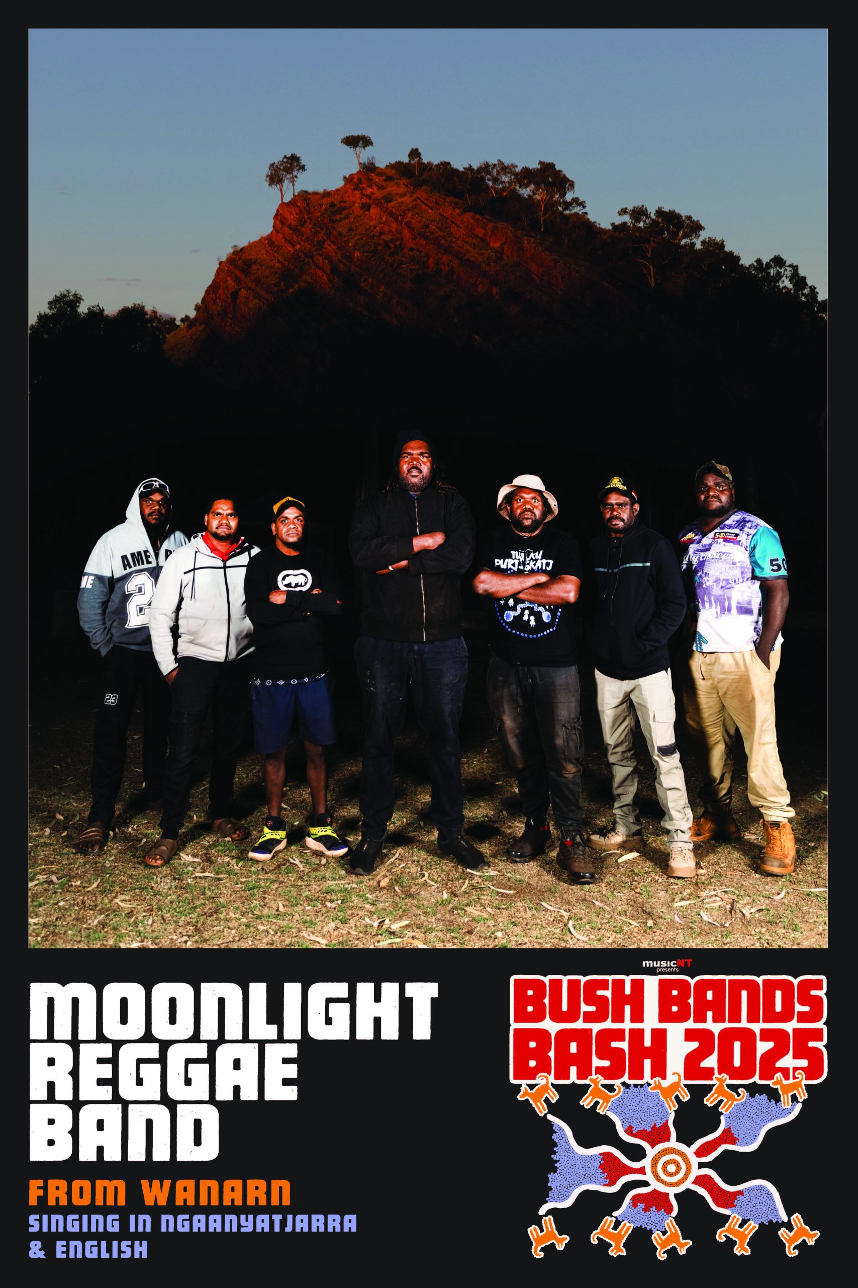 BBB25 night portrait of moonlight reggae band in the desert.